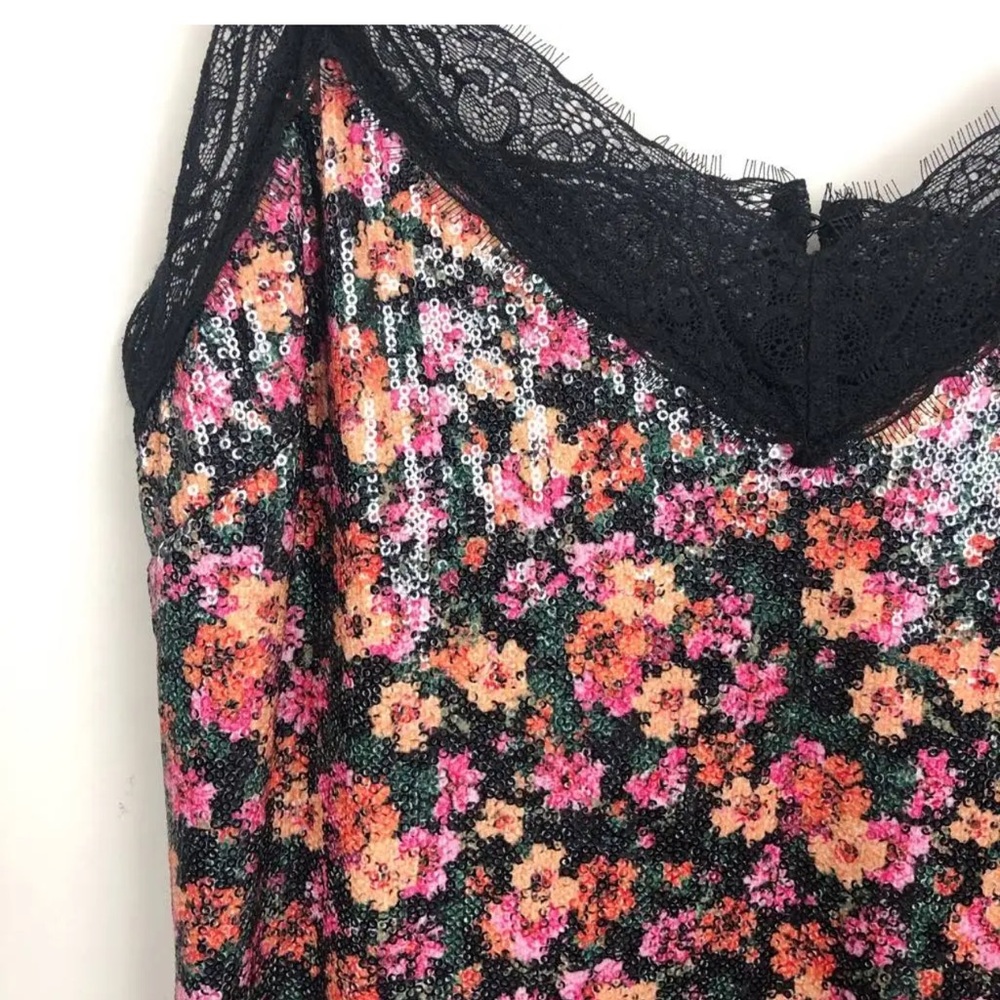 Topshop Size 4 Women's Floral Sequin Lace Trim Slip Mini Dress in Black Multi - Picture 3 of 5